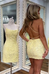 Cute Yellow Spaghetti Straps Bodycon Short Lace Homecoming Dress